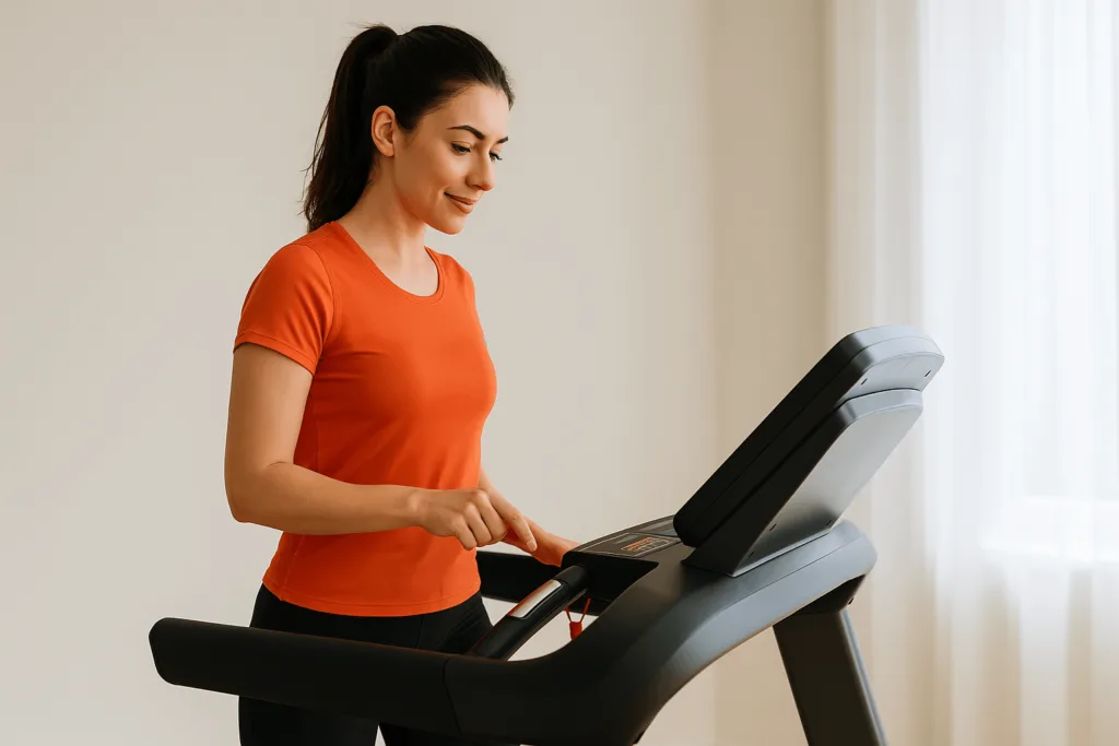 Beginner learning how to use a treadmill control panel safely